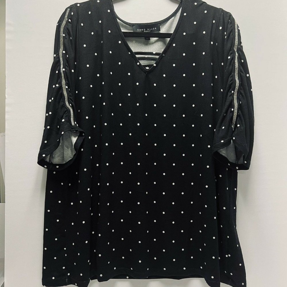 New w/tag Como 1X Soft Knit Top BLK w/WHT dot Rhinestone Strip on Sleeves V-Neck